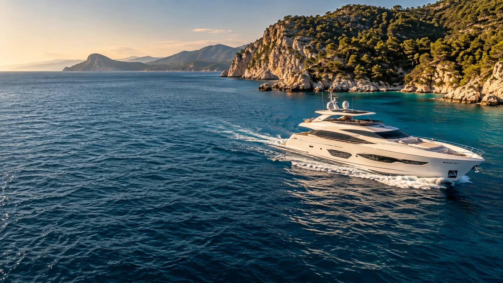 Luxury motor yacht cruising along the Turkish coast